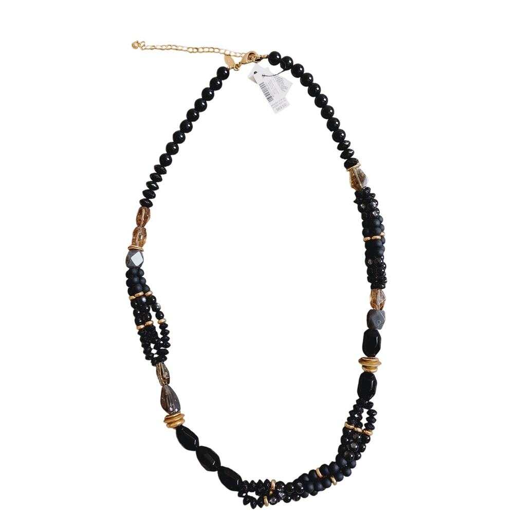 Chico's Black Brown Gold Chunky Beaded Necklace Long Statement Jewelry Piece NEW